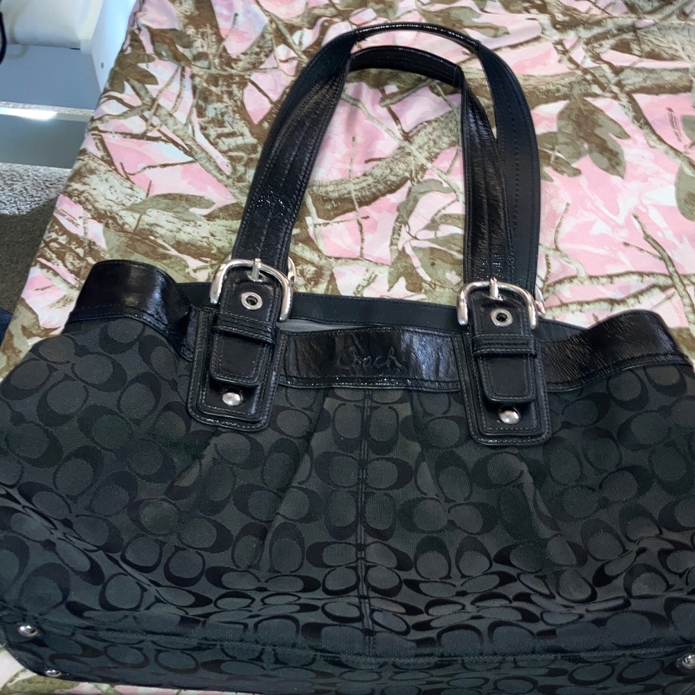 Large Vintage Coach Black Signature Canvas Shoulder Tote with Leather Trim